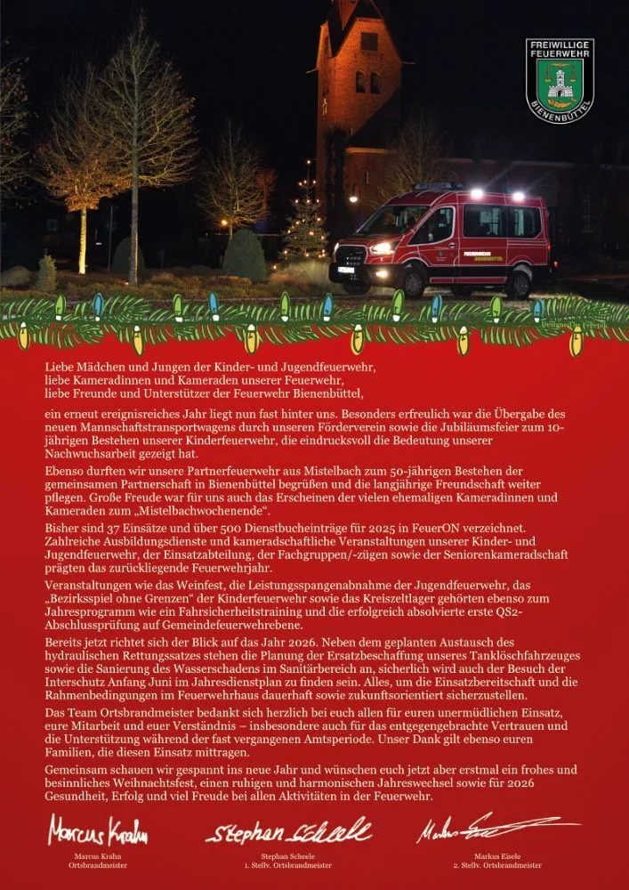 Weihnachtsgruß 2025 der Freiw. Feuerwehr Bienenbüttel